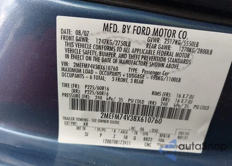 2008 Mercury Grand Marquis Gs from USA, damaged, VIN 2MEFM74V38X610760